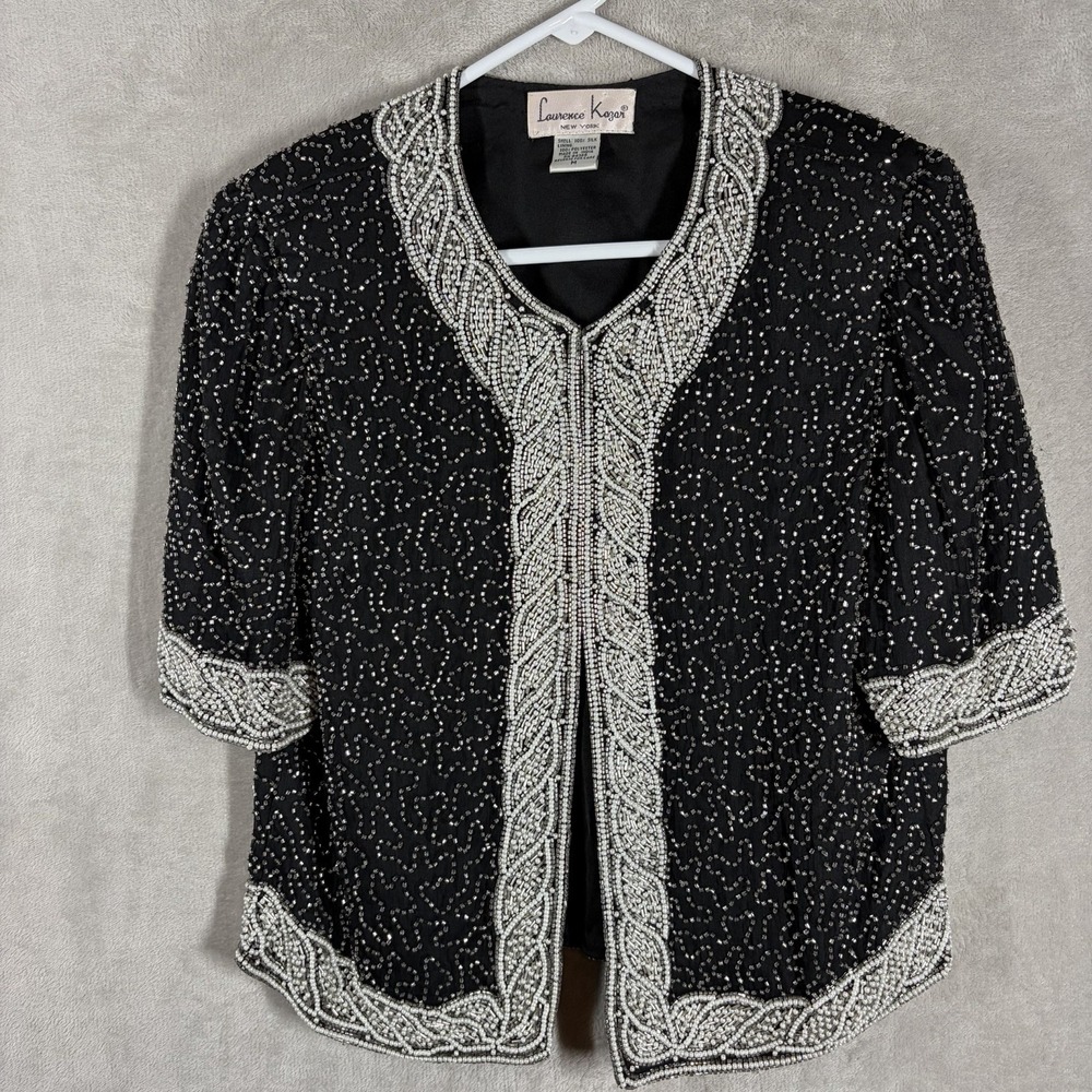 VTG Laurence Kazar Black Silk Beaded Evening Jacket Size M 80s 90s Glam Mob Wife